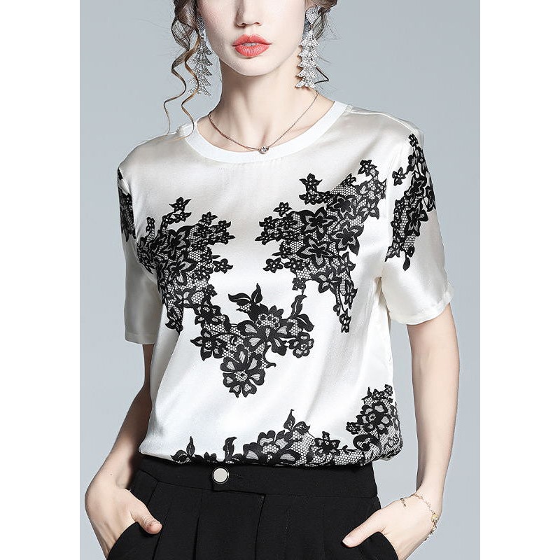 Elegant White O-Neck Print T Shirt Short Sleeve