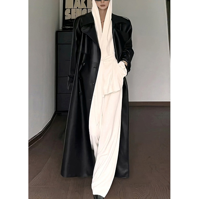 Fashion Black Peter Pan Collar Tie Waist Pockets Faux Leather Coat Fall