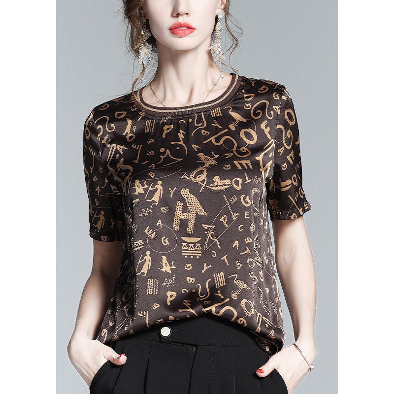 Fashion Coffee O-Neck Print Chiffon Tops Short Sleeve
