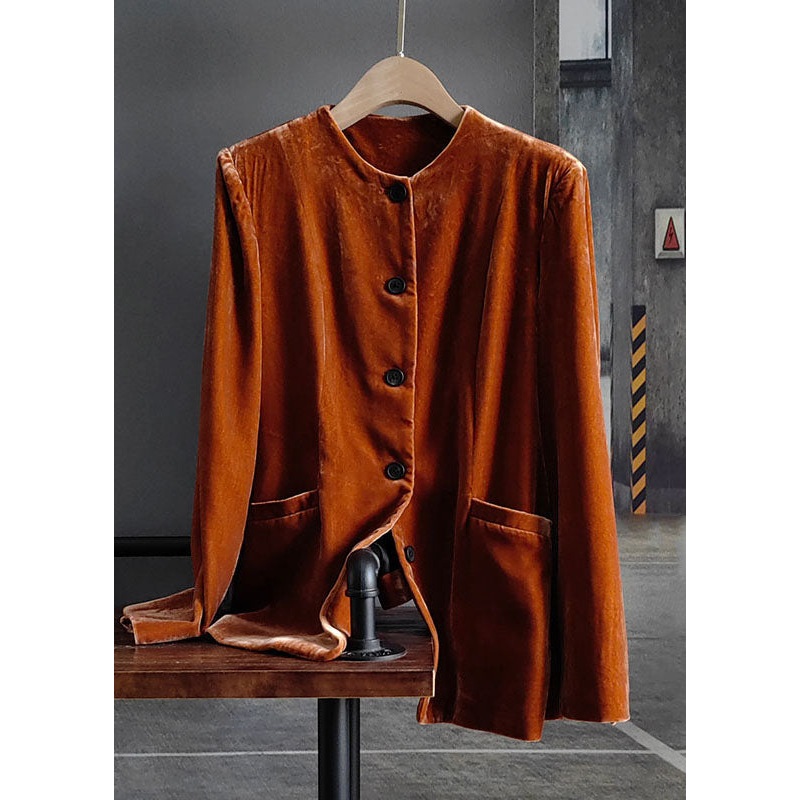Fashion Orange O-Neck Button Patchwork Silk Velour Coats Spring