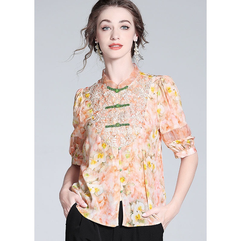 Fashion Pink Lace Embroidered Patchwork Silk Blouse Tops Spring