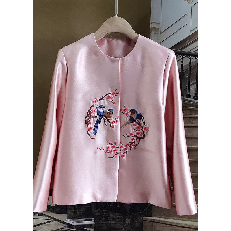 Fine Pink O-Neck Embroidered Patchwork Silk Coat Spring