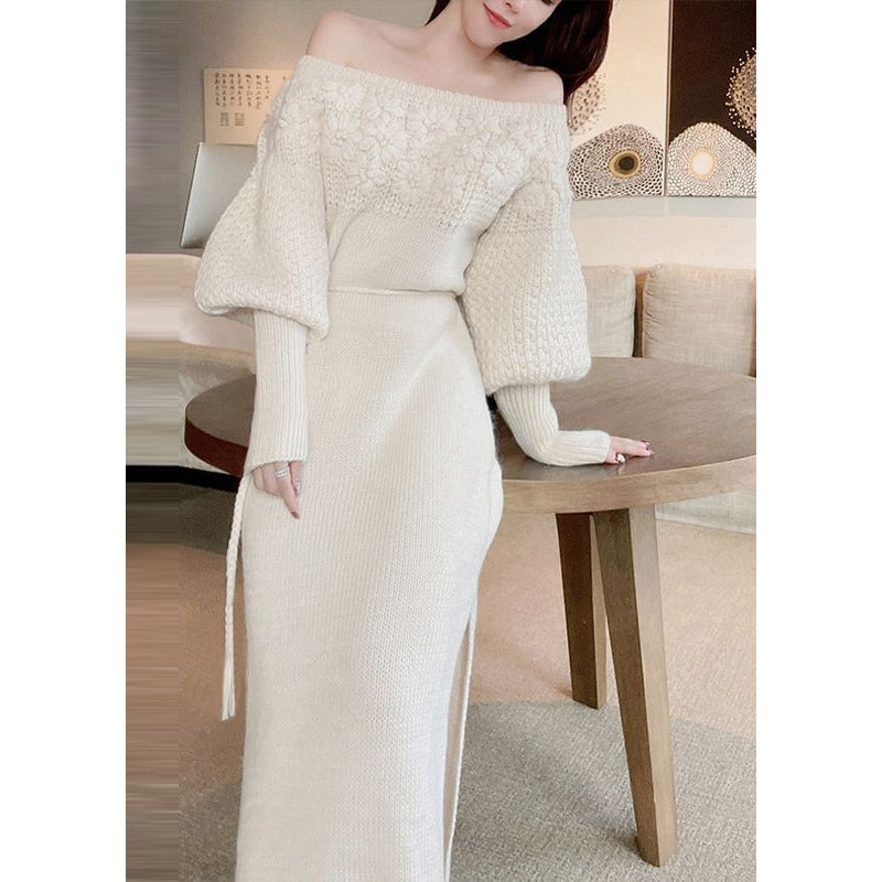 French Beige Flower Knitted Off Shoulder Sweater Dress Autumn