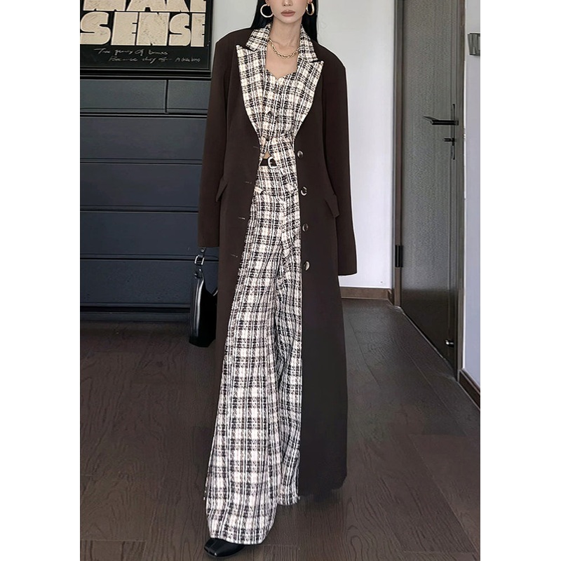 French Coffee Peter Pan Collar Button Plaid Patchwork Trench Fall