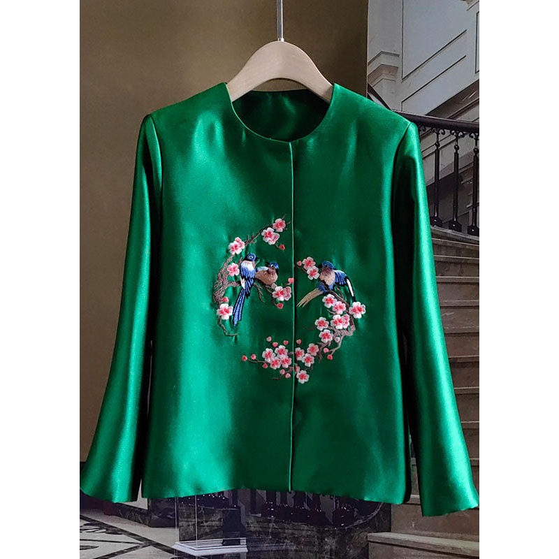 French Green Embroidered Bird Patchwork Silk Coat Spring