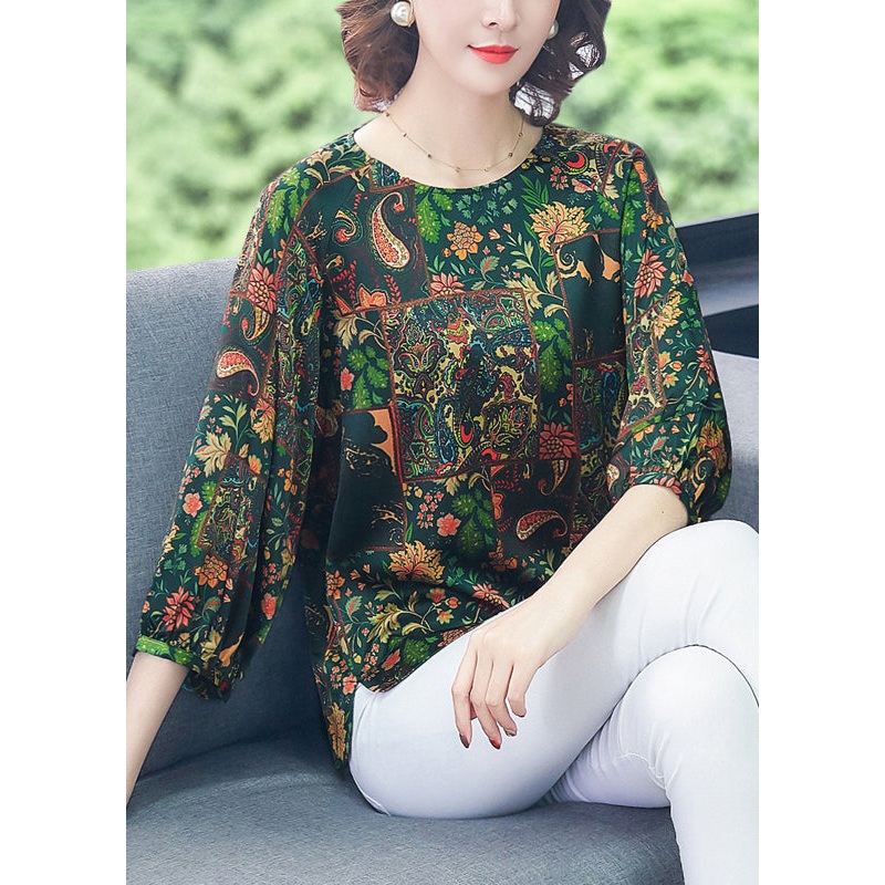 French Green O-Neck Oversized Print Silk Top Bracelet Sleeve