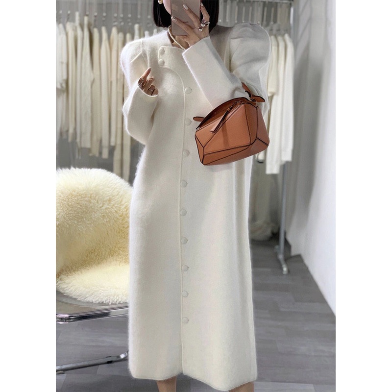 French White Puff Sleeve Button Patchwork Woolen Coat Winter