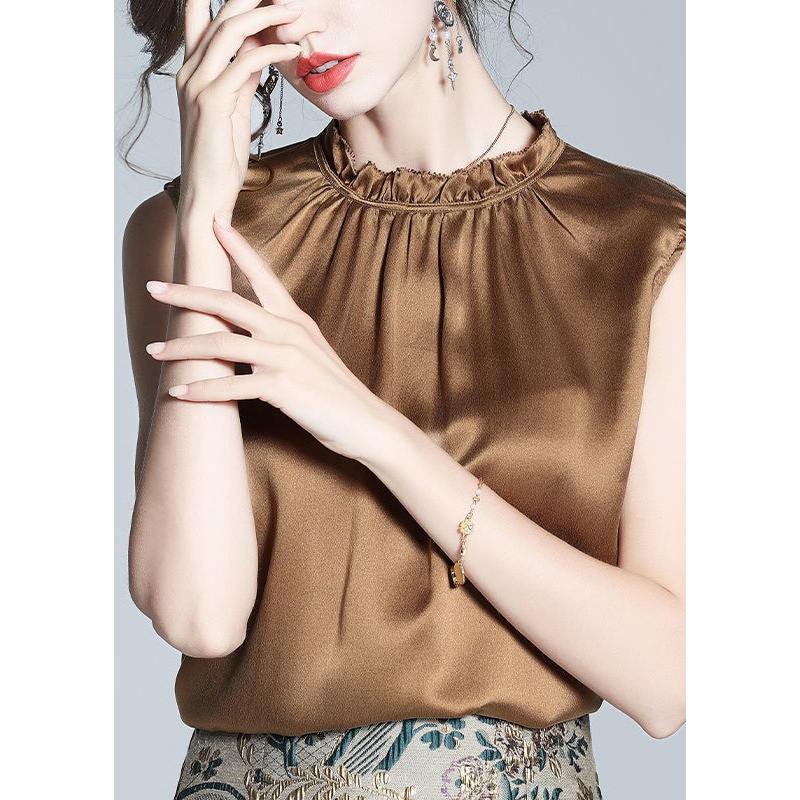 Handmade Coffee Stand Collar Solid Silk Tops Summer