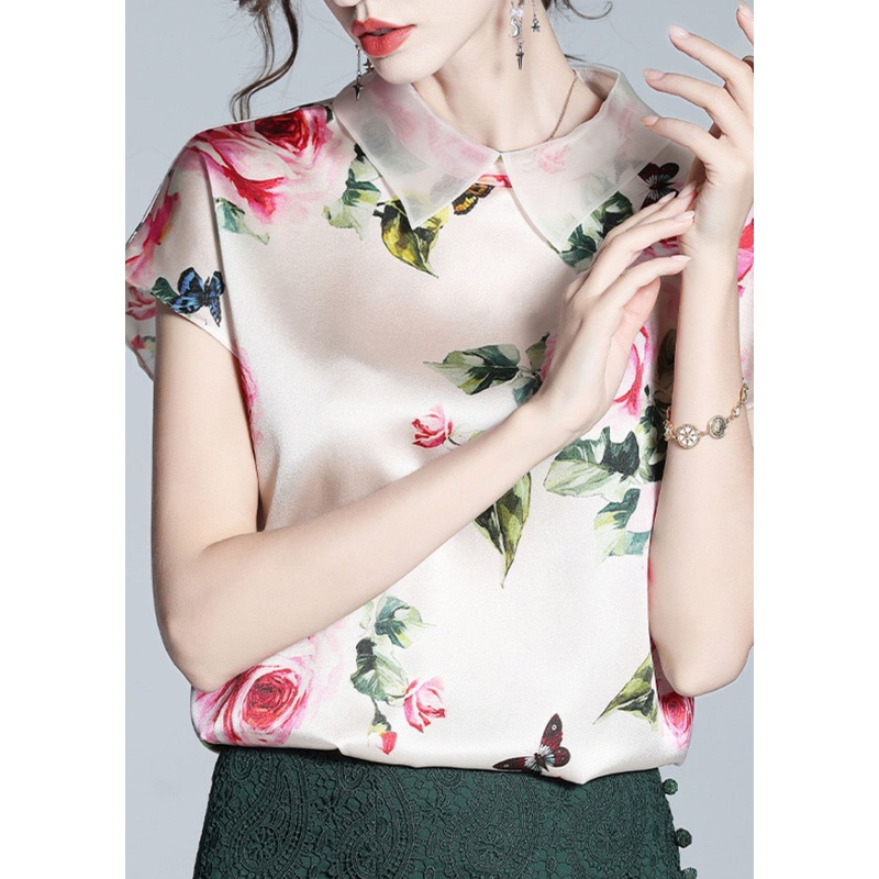Italian Pink Peter Pan Collar Print Silk Tops Short Sleeve