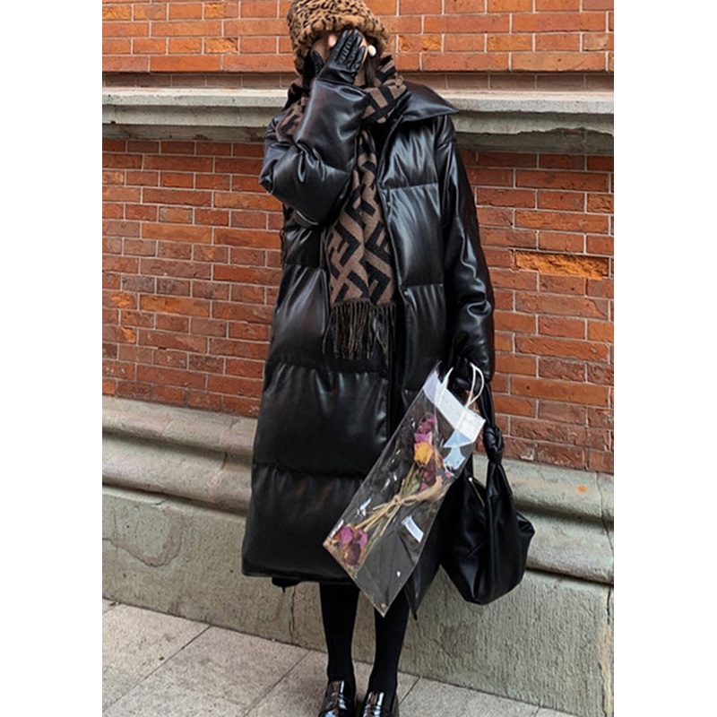 Loose Black Stand Collar Faux Leather Fine Cotton Filled Winter Coats Winter
