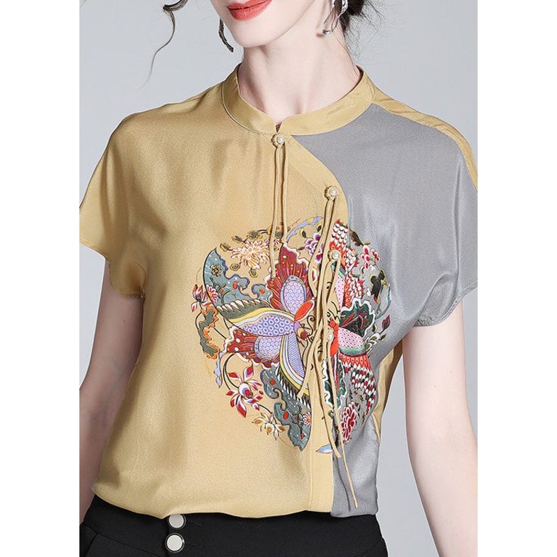 Modern Khaki Print Patchwork Button Silk Top Short Sleeve