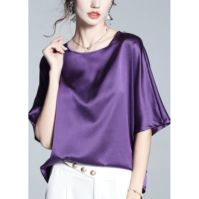 Modern Purple O-Neck Solid Silk Top Short Sleeve
