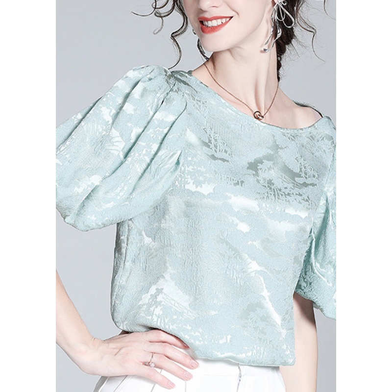 Plus Size Baby Blue O-Neck Jacquard Silk Top Puff Sleeve