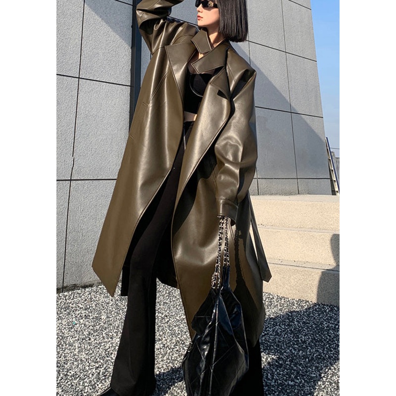 Plus Size Blackish Green Tie Waist Faux Leather Warm Fleece Coats Winter