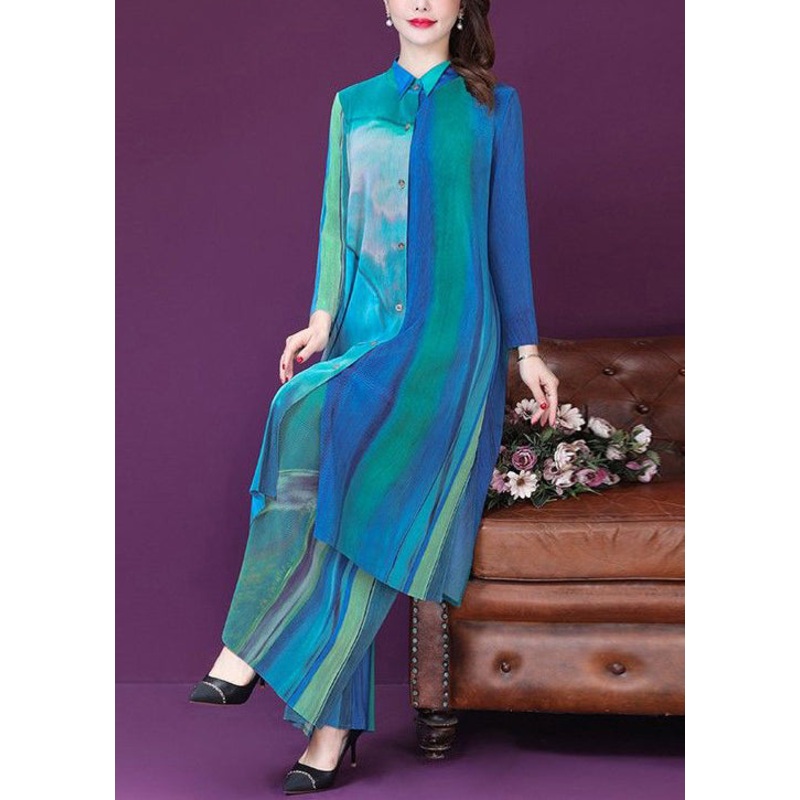 Plus Size Blue Print Side Open Silk Long Shirt And Wide Leg Pants Two Pieces Set Spring