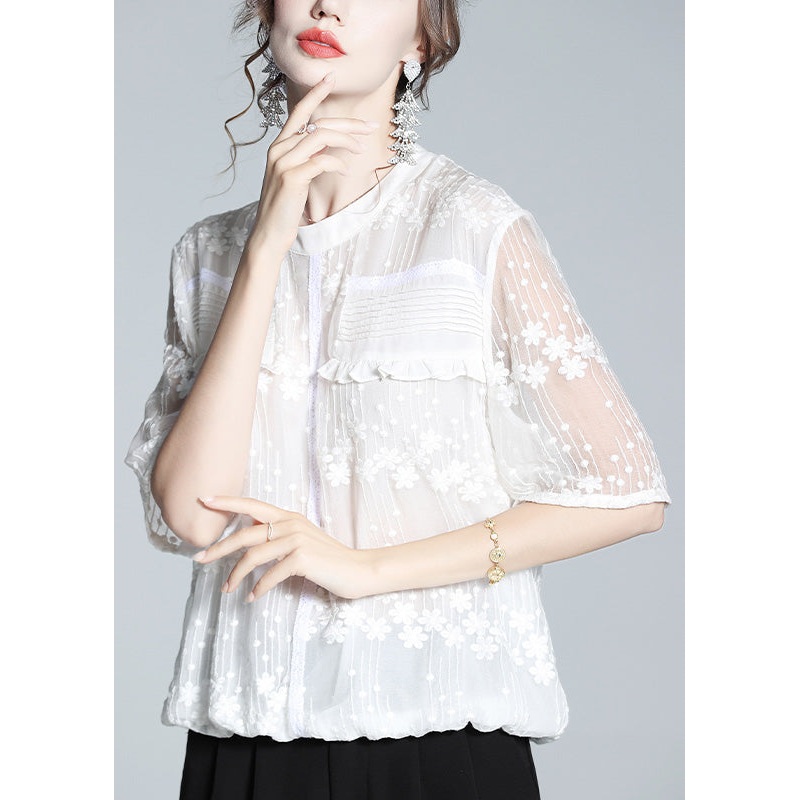 Plus Size White O-Neck Embroidered Ruffled Silk Shirts Short Sleeve