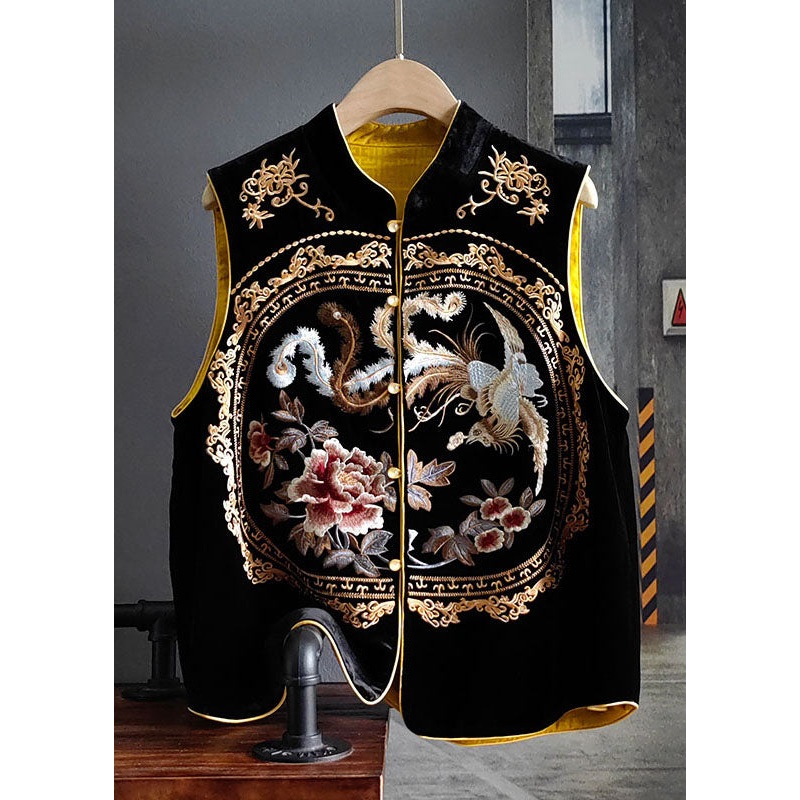 Retro Black Stand Collar Embroideried Patchwork Silk Velour Vest Spring