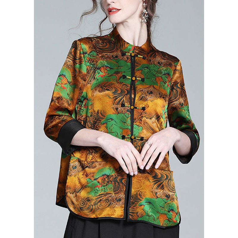 Retro Stand Collar Print Button Side Open Silk Shirt Long Sleeve