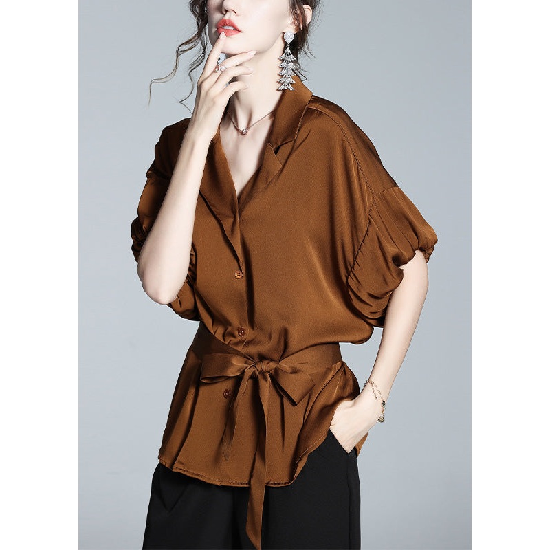 Slim Fit Coffee Notched Tie Waist Button Silk Shirt Short Sleeve