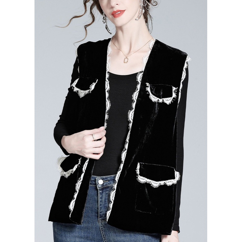 Style Black V Neck Lace Patchwork Silk Velour Waistcoat Spring