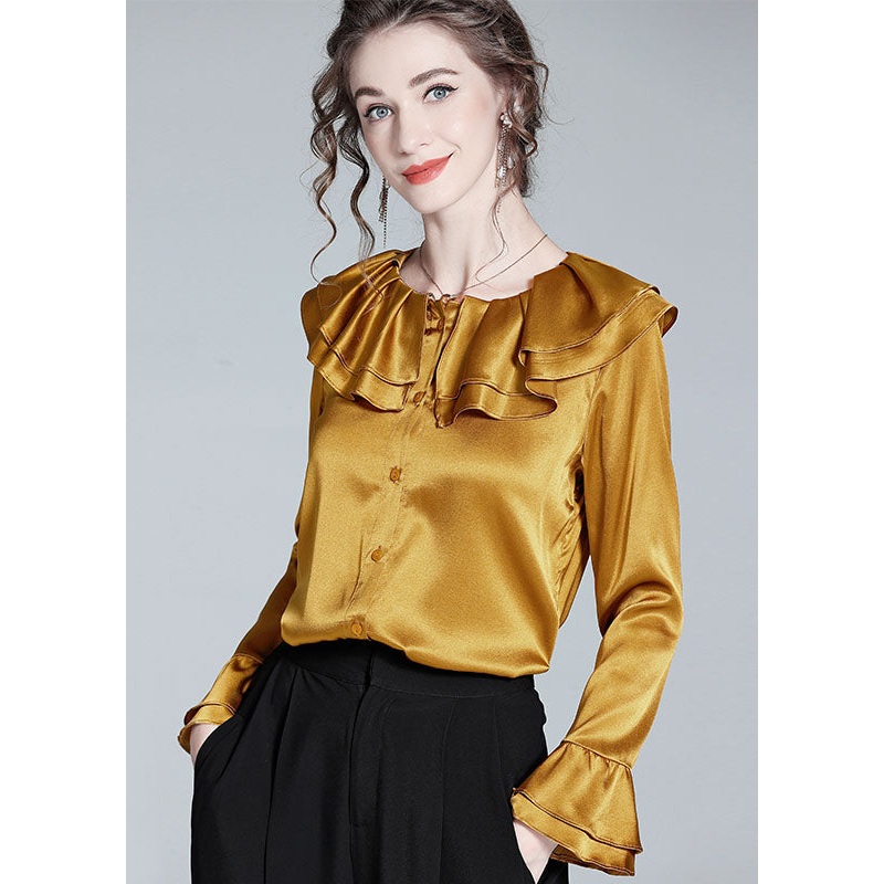 Style Gold Ruffled Patchwork Button Silk Shirt Flare Sleeve