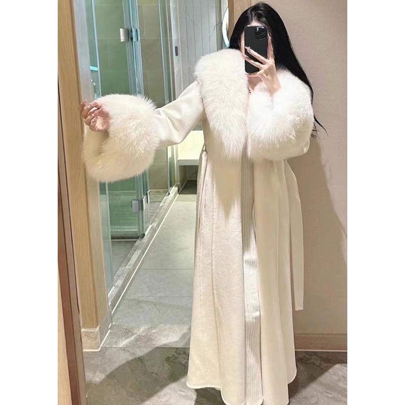 Style White Tie Waist Fur Collar Patchwork Woolen Coats Winter