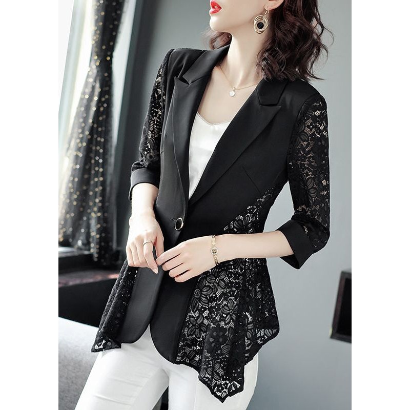 Stylish Black Notched Collar Lace Patchwork Hollow Out Spandex Coats Summer