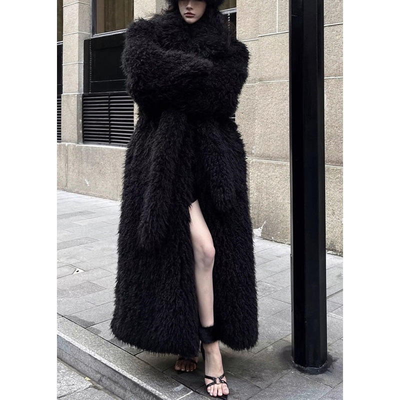 Stylish Black Tie Waist Patchwork Fuzzy Fur Fluffy Coat Winter