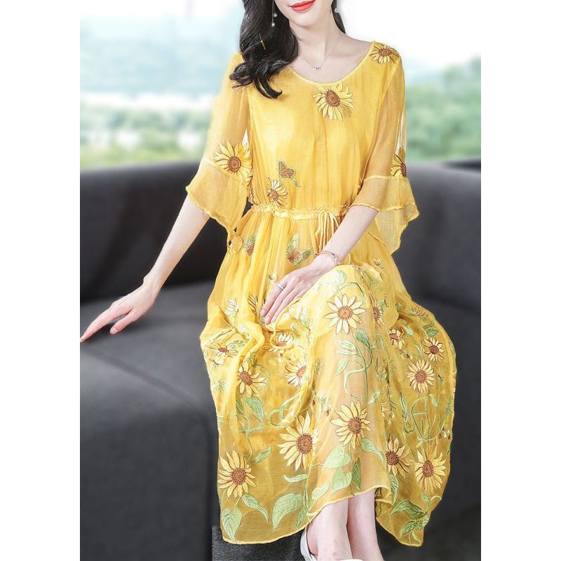 Stylish Yellow Embroideried Silk Cinched Dress Flare Sleeve