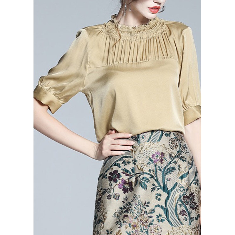 Unique Apricot Ruffled Wrinkled Silk Tops Summer