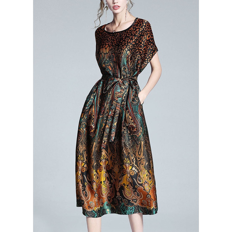 Unique Leopard O Neck Tie Waist Patchwork Silk Dress Summer