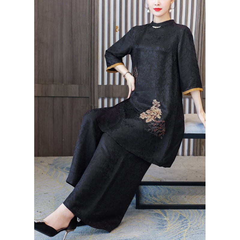 Vintage Black Stand Collar Oversized Jacquard Spandex 2 Piece Outfit Summer