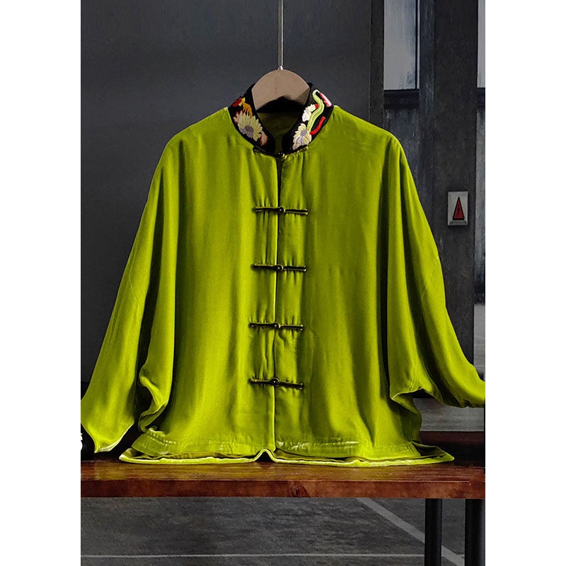 Vintage Green Stand Collar Embroidered Button Silk Velour Outwear Spring