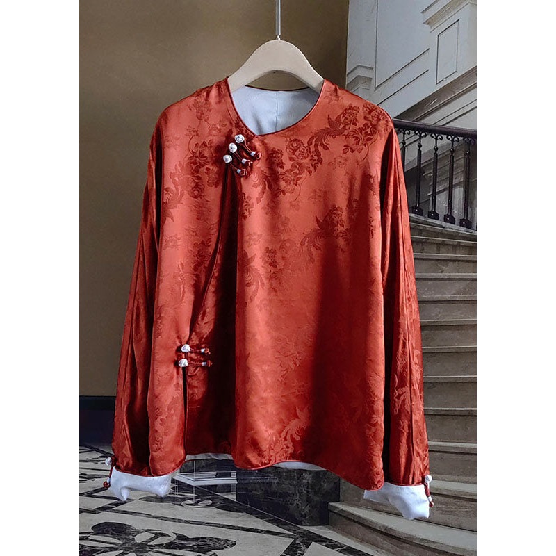 Vintage Orange Chinese Button Jacquard Patchwork Silk Blouses Spring