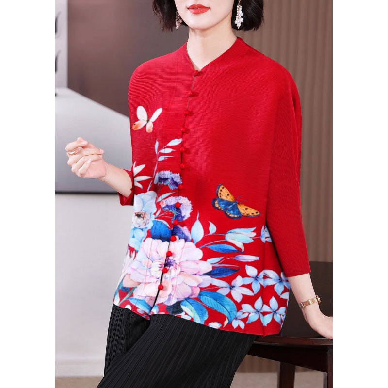 Vintage Red O-Neck Print Button Tops Fall