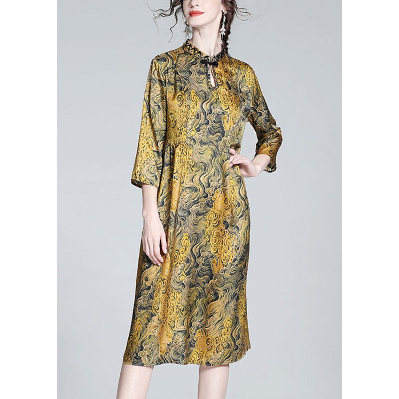 Vintage Yellow Stand Collar Print Button Silk Maxi Dress Summer
