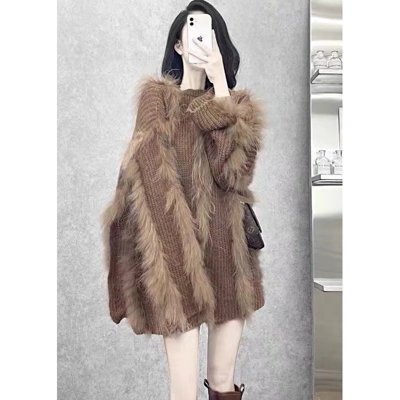 Women Brown O Neck Fox Hair Patchwork Knit Sweaters Winter