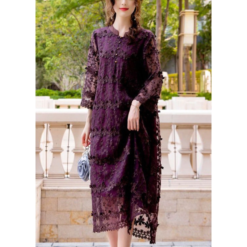 Women Dark Purple Embroideried Hollow Out Organza Long Dress Spring