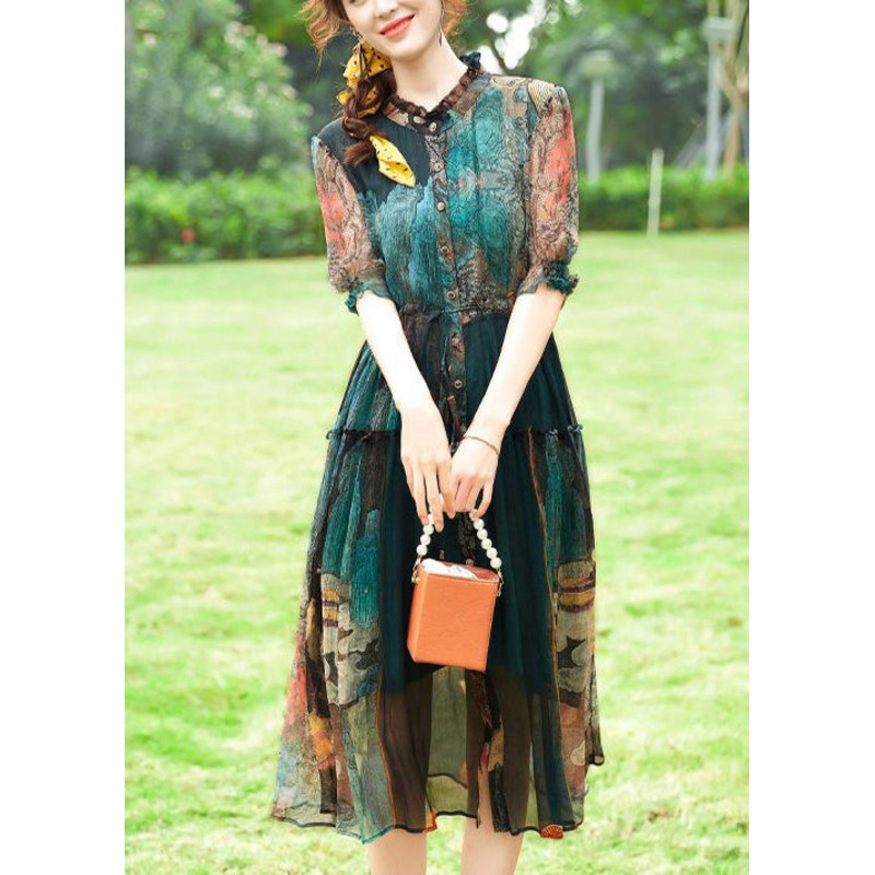Women Green Ruffled Print Silk Cinched Dresses Summer