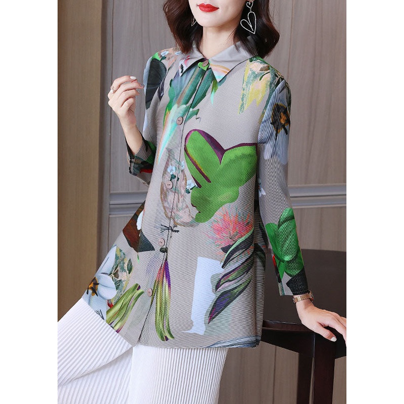 Women Grey Peter Pan Collar Print Button Shirts Fall