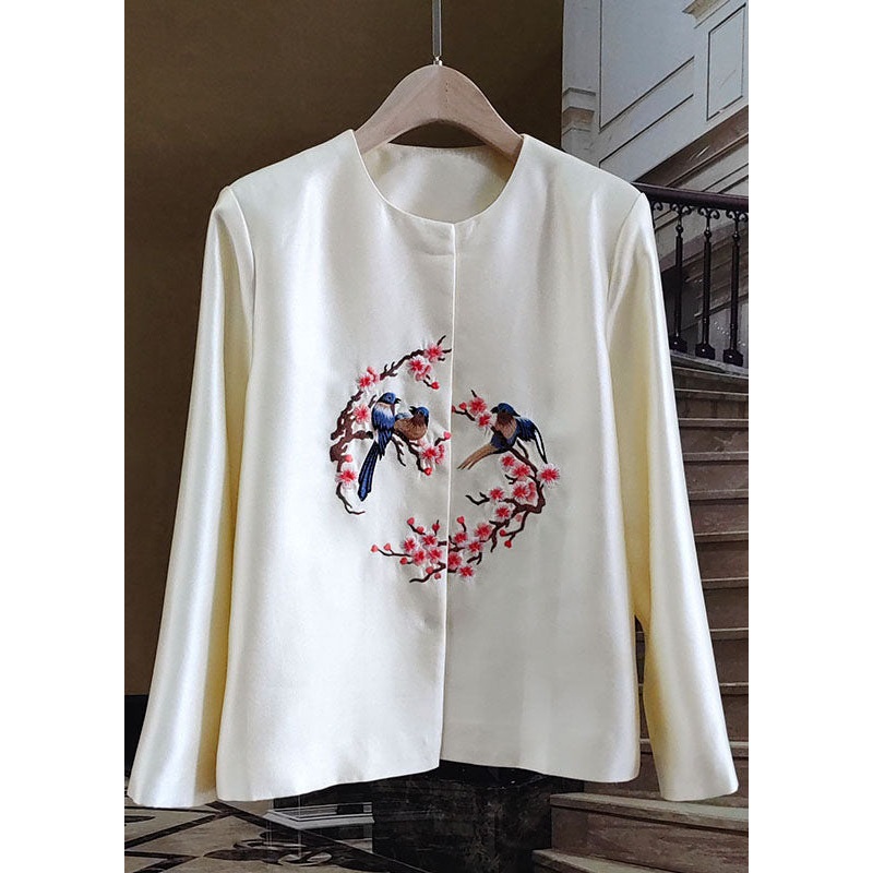 Women White Embroidered Patchwork Silk Outwear Long Sleeve