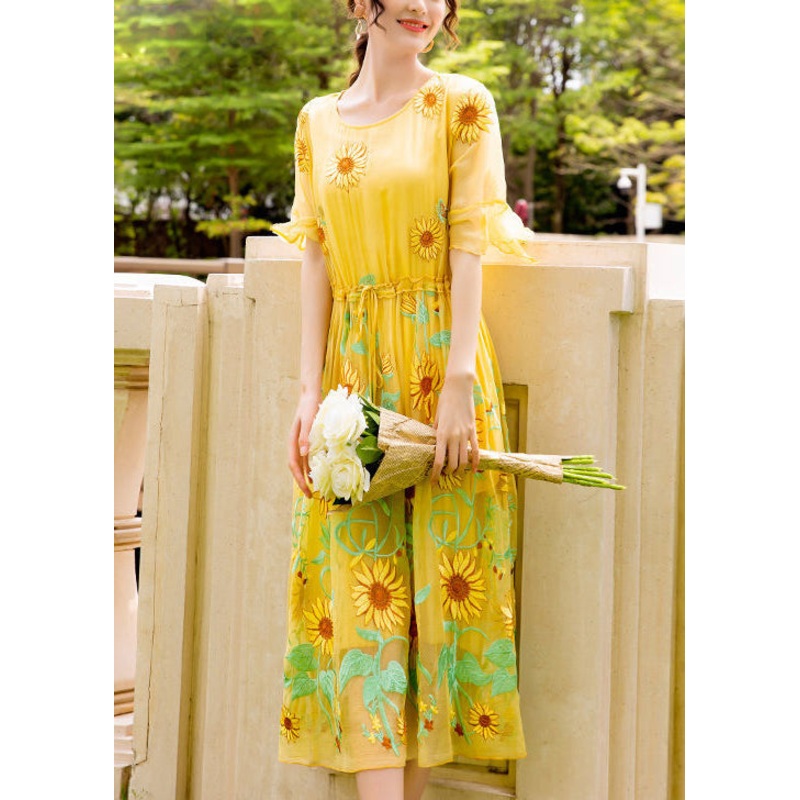 Women Yellow Daisy Embroidered Tie Waist Silk Vacation Dresses Flare Sleeve
