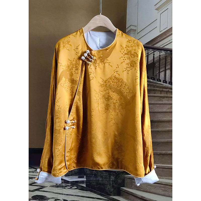 Yellow Button Jacquard Patchwork Silk Shirt O Neck Long Sleeve