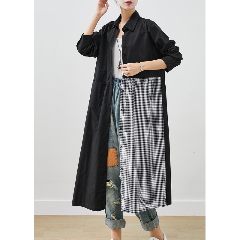 Art Black Asymmetrical Patchwork Plaid Cotton Dresses Fall
