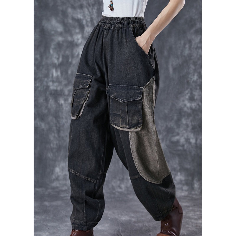Art Black Oversized Patchwork Pockets Denim Pants Spring