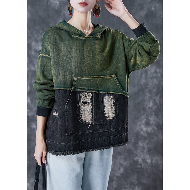 Art Colorblock Hooded Patchwork Cotton Ripped Sweatshirt Fall