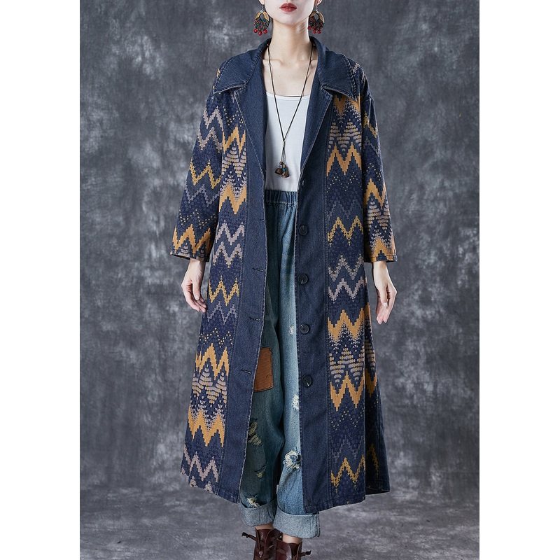 Art Navy Oversized Print Denim Coat Outwear Fall