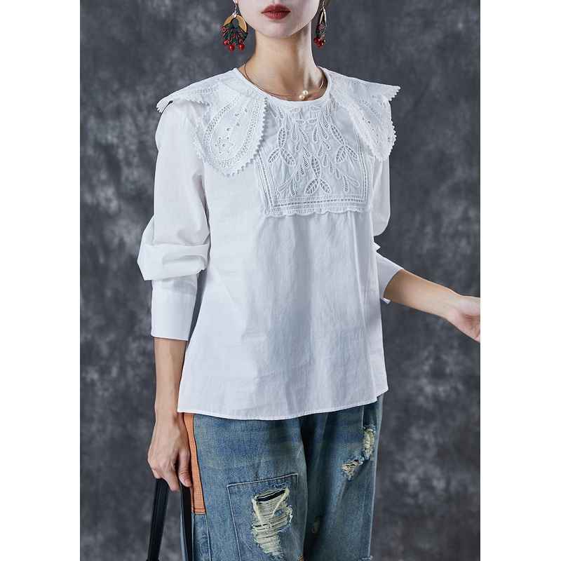 Art White O-Neck Lace Patchwork Cotton Shirt Top Fall