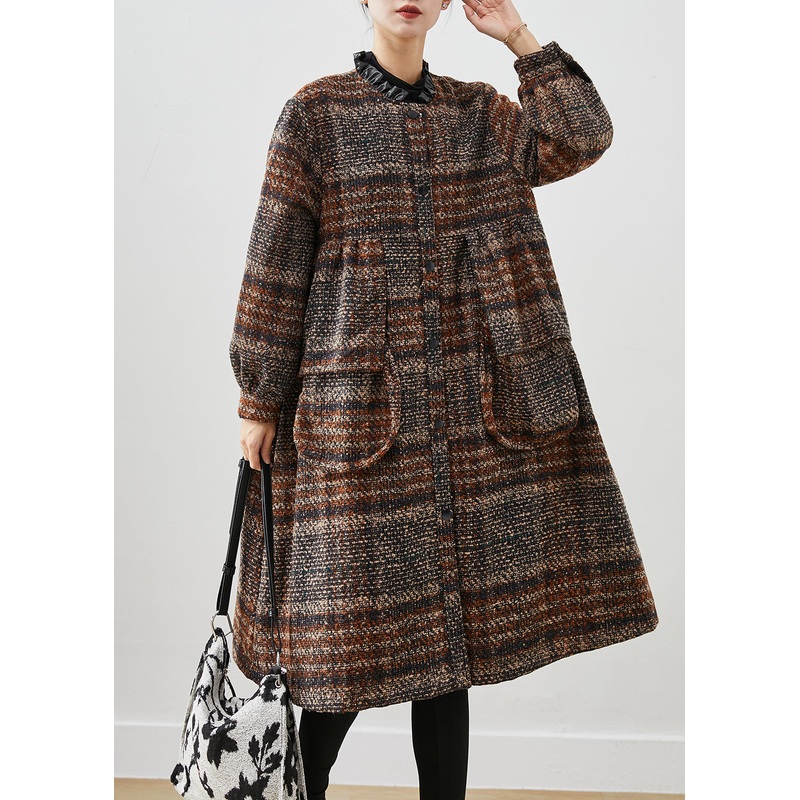 Beautiful Brown Ruffled Pockets Thick Cotton Coats Winter
