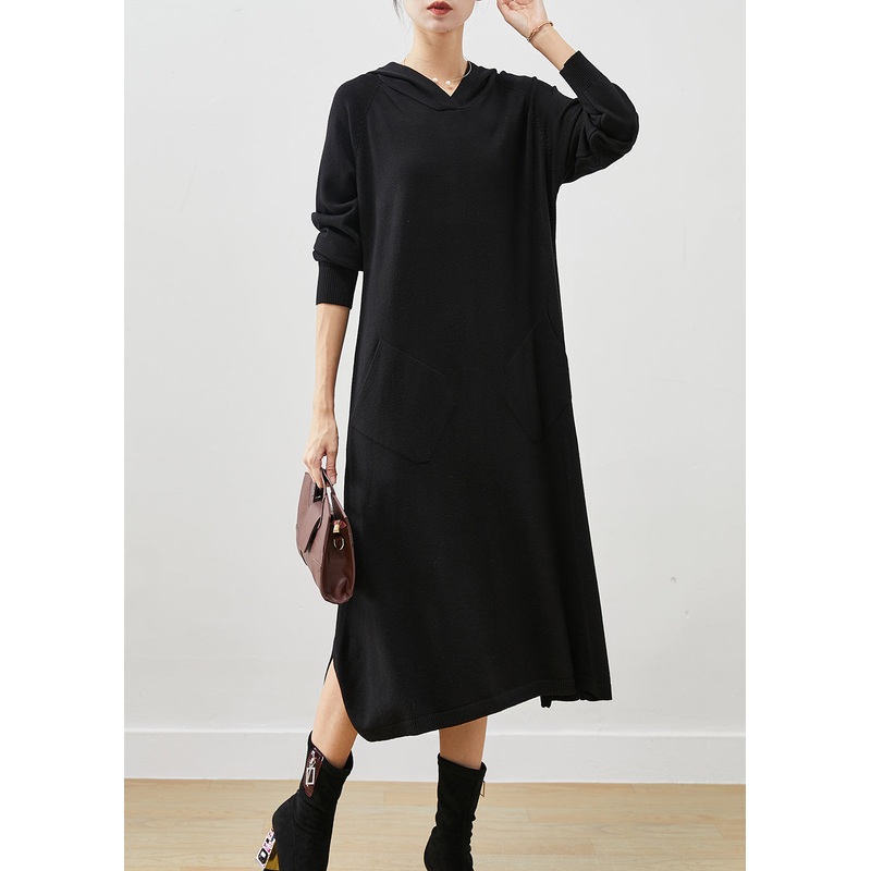 Black Loose Knit Vacation Dresses Hooded Pockets Spring